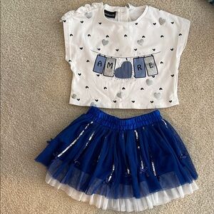 White and Blue Heart Print Crop Top and Tulle Skirt Set
